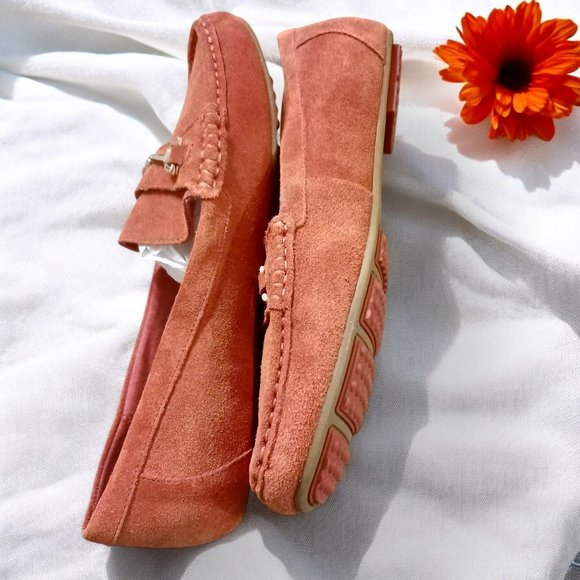Isaac Mizrahi Burnt Orange Suede Loafers  Size 8.5 M  Silver Buckle Detail  NWOT - Picture 7 of 10
